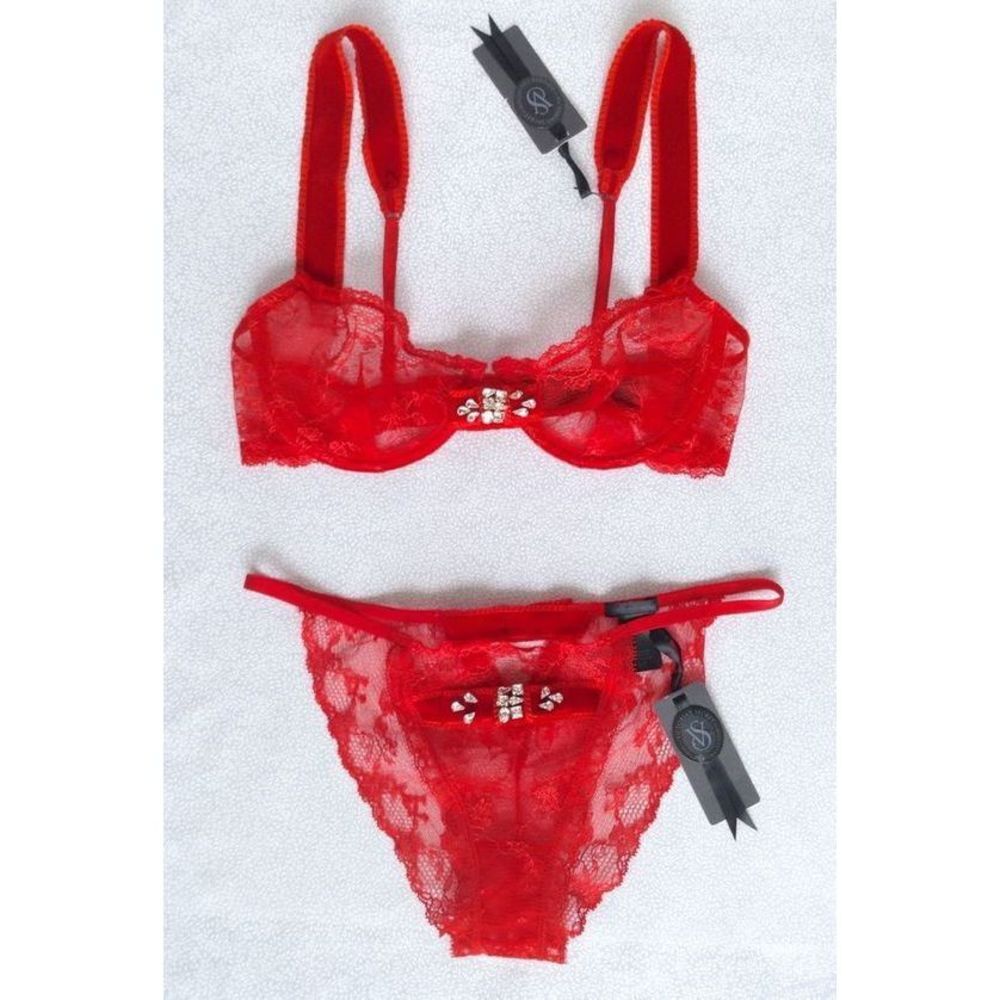 Victoria's Secret DESIGNER COLLECTION 32C,36C BRA SET+garter RED velvet Swarovsk - Picture 3 of 11